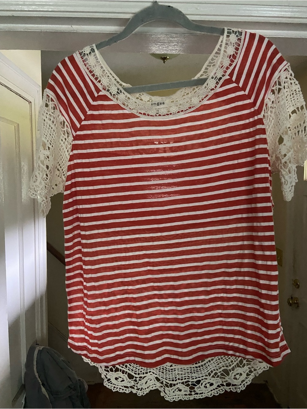 Umgee Red and White Striped Short Sleeve Tee with Cream Crochet Accents
